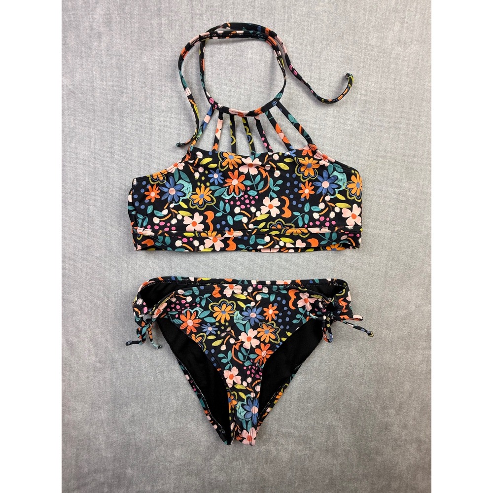 Hobie Girls Floral Bikini Set Black Caged High Neck Halter Two Piece Swimsuit